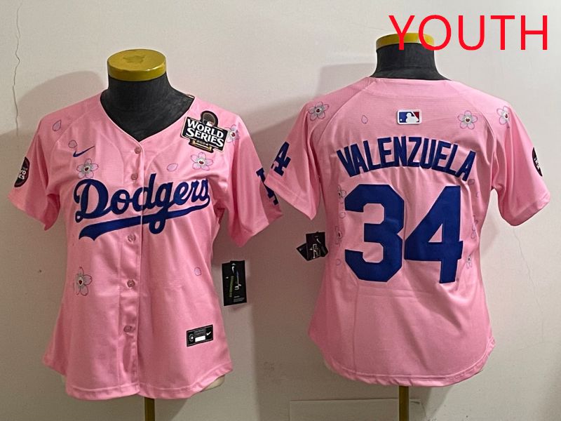 Youth Los Angeles Dodgers #34 Valenzuela Pink Sakura Edition 2025 Nike MLB Jersey style 36